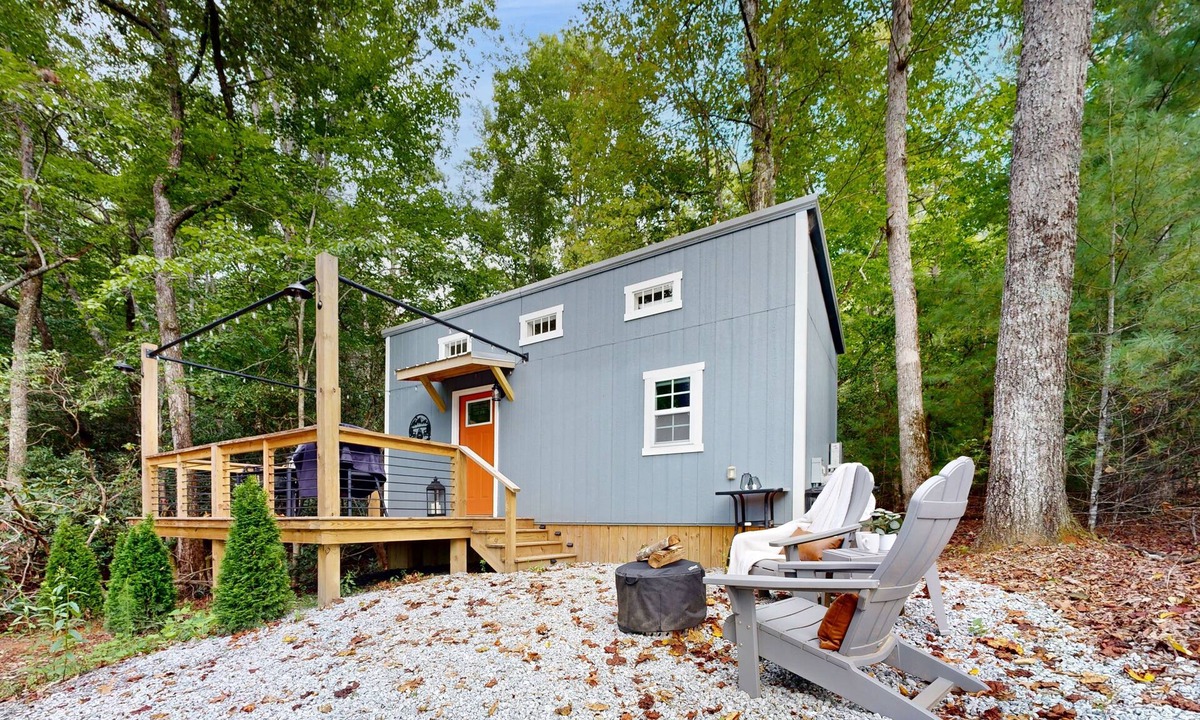Mills River Cabin | Tiny House near Asheville | Lake Views, Fire Pit, Large Deck