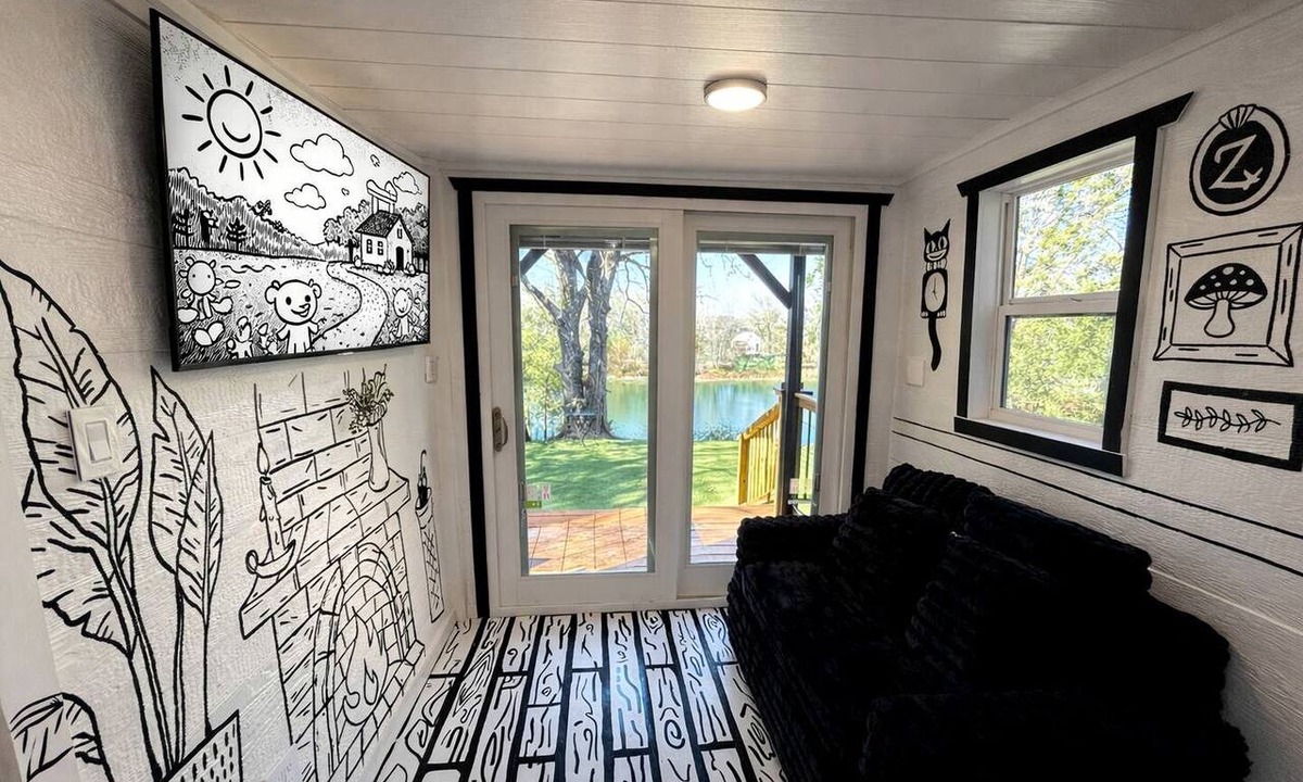 Paige Cabin | Whimsical Lakefront Tiny Home with Hand-Drawn Doodle Design Near Bastrop, Texas