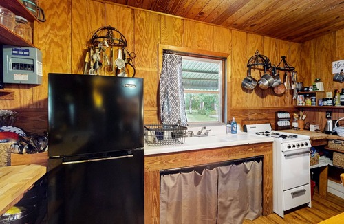 Bronson Cabin | 2 riverfront cabins with large yard, grill, firepit, canoe, & private W/D