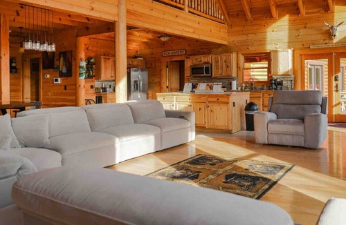 Dobson Cabin | Blue Ridge Mountain View Huge Log Cabin sleeps 18. Outdoor living & Game Room