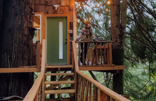 Riverbend Cottage | Cozy, modern treehouse w/WiFi & Smart Projector, outdoor shower & soak tub