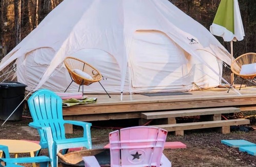 Thomson RV Rental | Dolly’s Disco Yurt, fluffy, sheep, llamas, and shaggy cows