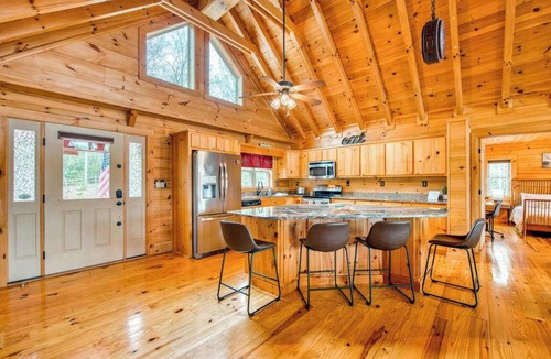 Mills River House | Lakefront Cabin & Cozy Lakeview Cottage: firepit, wet bar, dock
