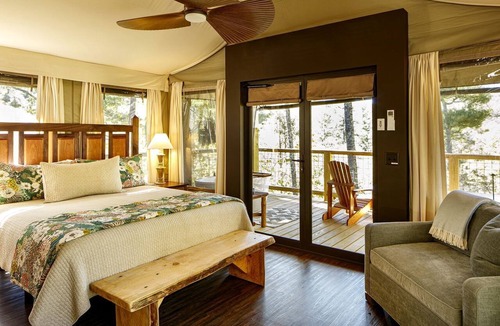 Zirconia Cabin | Luxury Family Tree Tent with Private Deck, Soaking Tub & Pizza Oven Near Waterfalls, Zirconia, North Carolina