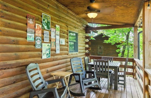 Union Hall Cabin | Plenty of Water on the main channel. Perched on a bluff with breathtaking sunrise views over the lake, this remodeled 2BR/1BA log cabin offers memory-foam beds, well-stocked granite kitchen (farm-fresh eggs!), covered deck, stone fire pit, huge dock.