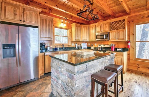 Lake Lure House | Rustic mountain-view home with deck, fire pit, hot tub, fireplace, & game room