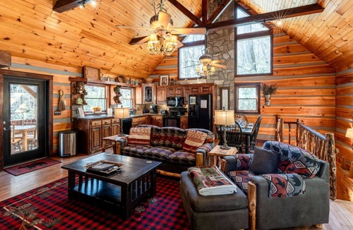 Topton Cabin | Slippery Rock-Pet Friendly, Luxury Log Cabin Rental on Creek, Outdoor TV over Fireplace, Hot Tub-Western NC