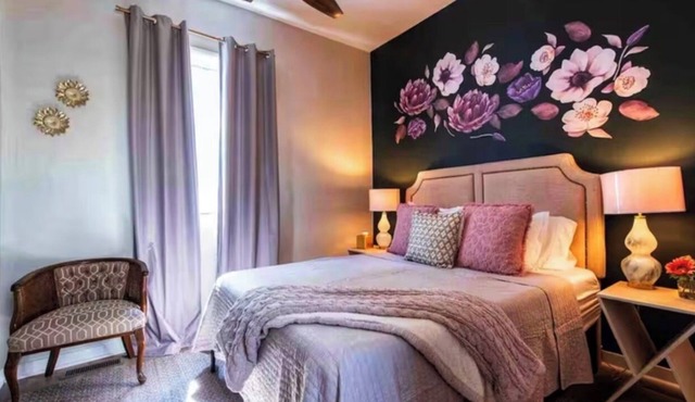 King bed with backyard oasis